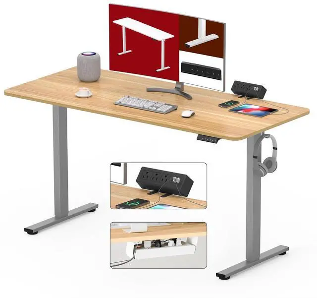 Main image of Electric Standing Desk with Clamp Power Strip 48"x 24" Whole-Piece Desktop Height Adjustable Stand Up Desk with Cable Management Sit Stand Home Office Silver Frame/Maple Top