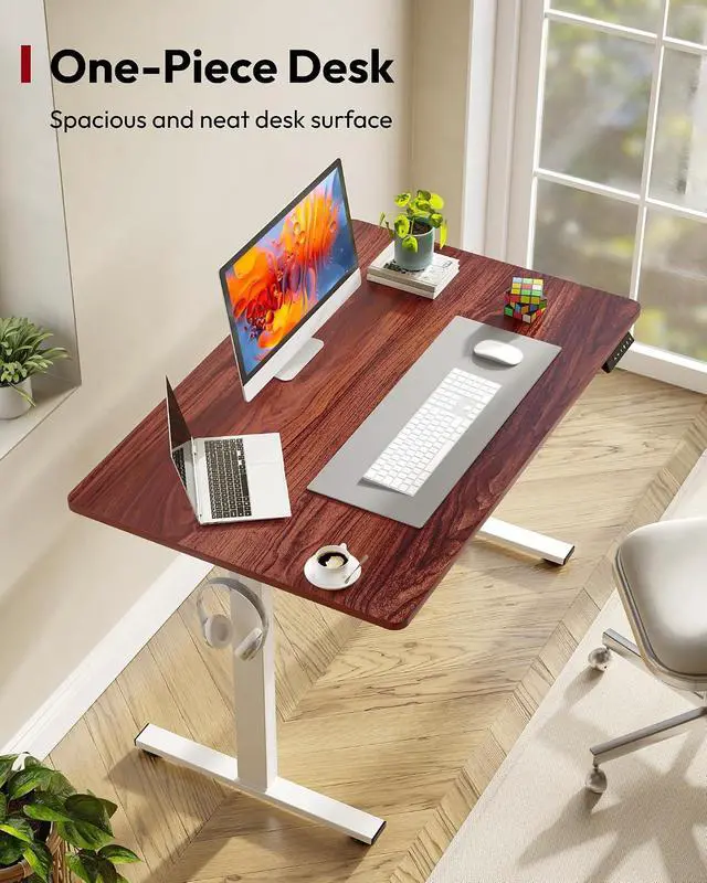Alt view image 2 of 7 - One-Piece Electric Standing Desk, Seamless 48 x 30'' Ergonomic Height Adjustable Sit Stand Desk with Memory Presets for Home Office Computer Workstation, White Frame/Mahogany Top