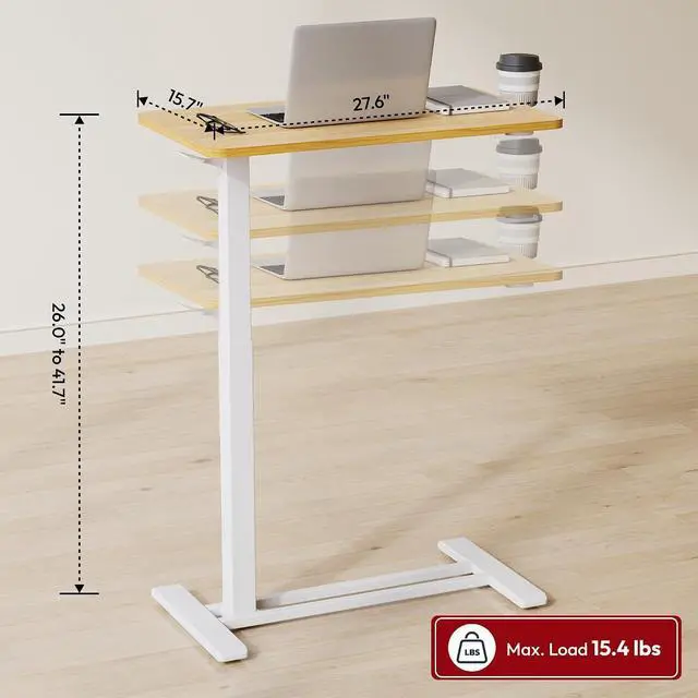 Alt view image 2 of 7 - Medical Adjustable Overbed Bedside Table with Hidden Casters, Pneumatic Mobile Laptop Computer Standing Desk Cart with Tray, Hospital and Home Use(27.6" W x 15.7" D, Maple)