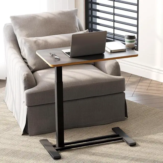 Alt view image 4 of 7 - Mobile Standing Desk with Hidden Wheels,Pneumatic Laptop Desk Rolling Computer Cart Movable Height Adjustable Small Sit Stand Desk for Home Office(27.6" W x 15.7" D, Black+Maple Band)