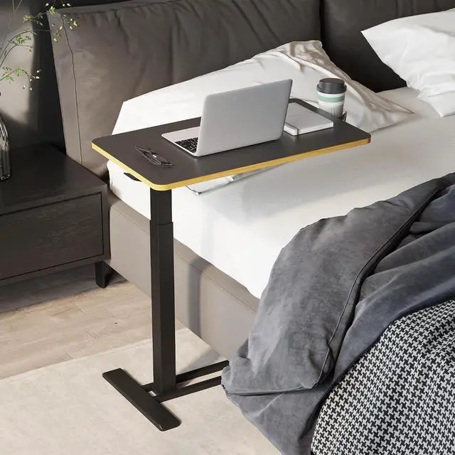 Alt view image 5 of 7 - Mobile Standing Desk with Hidden Wheels,Pneumatic Laptop Desk Rolling Computer Cart Movable Height Adjustable Small Sit Stand Desk for Home Office(27.6" W x 15.7" D, Black+Maple Band)