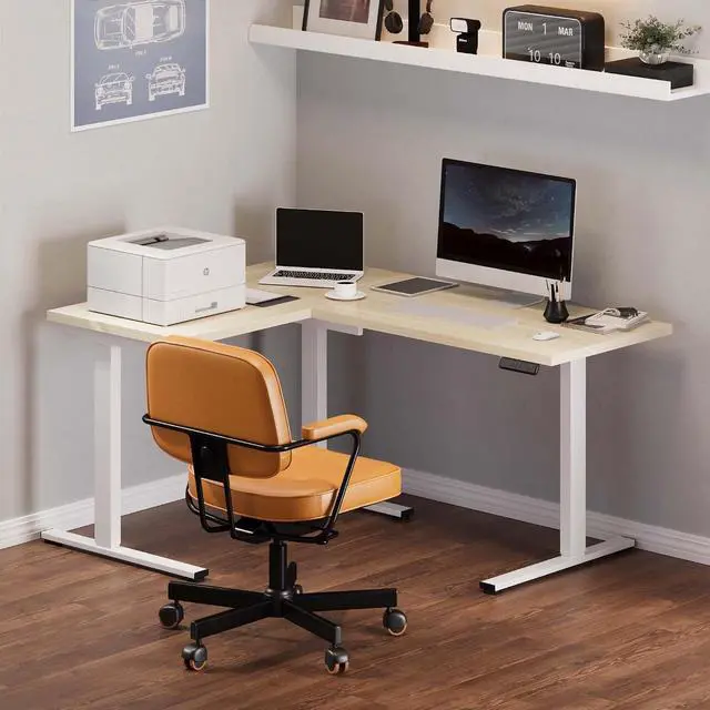 Alt view image 2 of 7 - L Shaped Standing Desk Adjustable Height, Electric Corner Standing Desk, 63 x 48 inch Sit Stand Computer Table with Splice Board, Maple