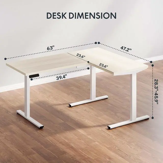 Alt view image 3 of 7 - L Shaped Standing Desk Adjustable Height, Electric Corner Standing Desk, 63 x 48 inch Sit Stand Computer Table with Splice Board, Maple