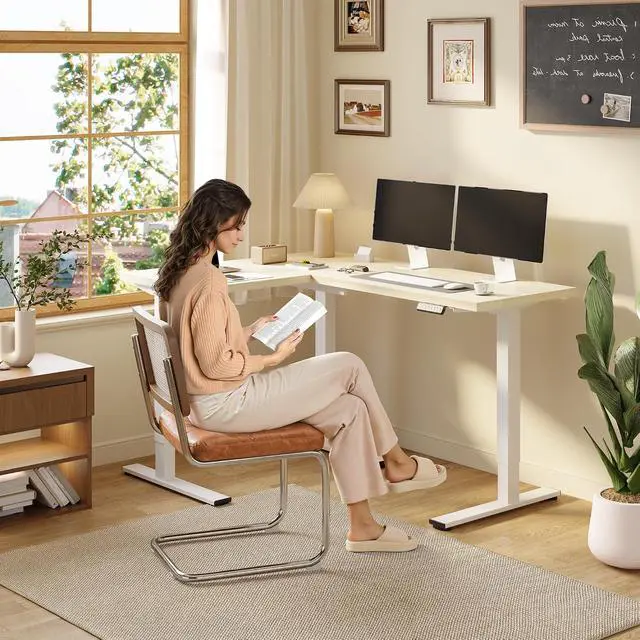Alt view image 4 of 7 - L Shaped Standing Desk Adjustable Height, Electric Corner Standing Desk, 63 x 48 inch Sit Stand Computer Table with Splice Board, Maple