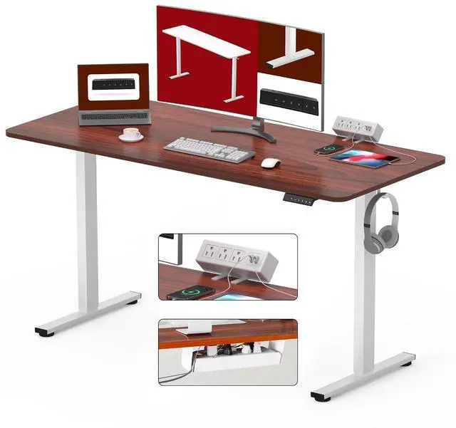 Main image of Electric Standing Desk 55"x 28" with Clamp Power Strip - Height Adjustable Whole-Piece Desktop, Cable Management, Sit Stand Home Office - White Frame/Mahogany Top
