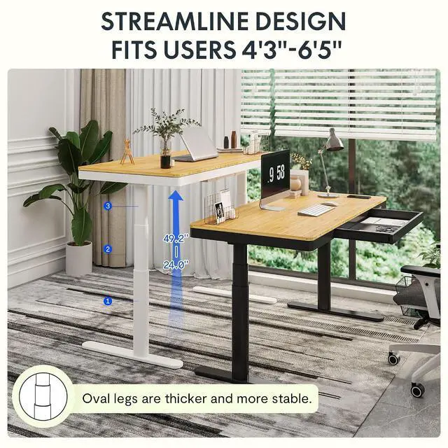 Alt view image 5 of 7 - Standing Desk with Drawer,Dual Motor 3 Stage Electric Height Adjustable Home Office Desk with Storage & Wireless Charging, 55 inch Bamboo Tabletop/Black Frame