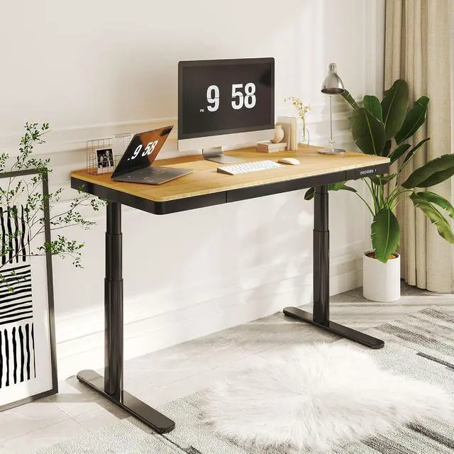 Alt view image 2 of 7 - Standing Desk with Drawer,Dual Motor 3 Stage Electric Height Adjustable Home Office Desk with Storage & Wireless Charging, 55 inch Bamboo Tabletop/Black Frame