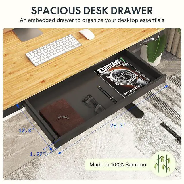 Alt view image 3 of 7 - Standing Desk with Drawer,Dual Motor 3 Stage Electric Height Adjustable Home Office Desk with Storage & Wireless Charging, 55 inch Bamboo Tabletop/Black Frame