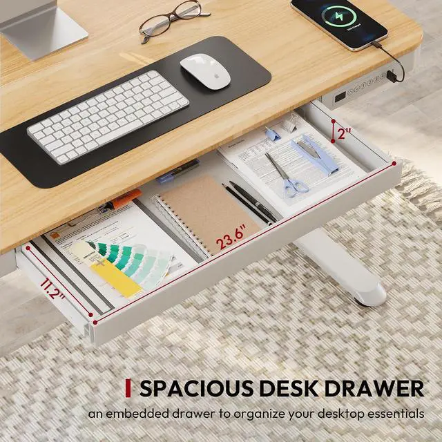 Alt view image 4 of 7 - Standing Desk with Drawer, Electric Height Adjustable Home Office Desk with Storage & USB Ports, 48 inch Maple Wood Tabletop/White Frame