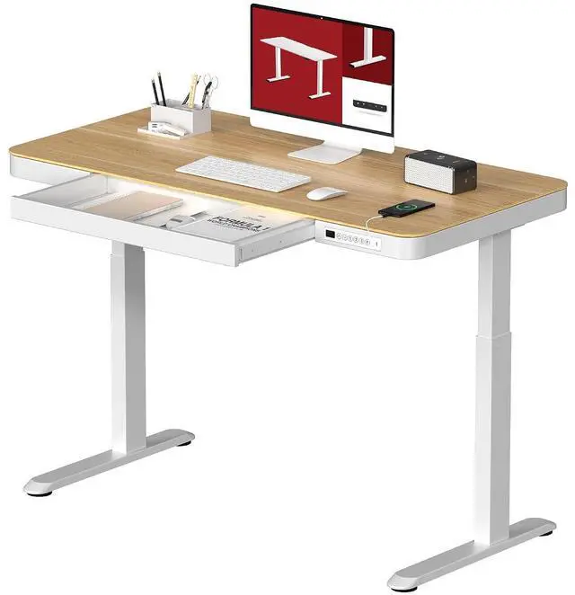 Main image of Standing Desk with Drawer, Electric Height Adjustable Home Office Desk with Storage & USB Ports, 48 inch Maple Wood Tabletop/White Frame