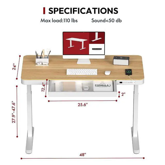Alt view image 3 of 7 - Standing Desk with Drawer, Electric Height Adjustable Home Office Desk with Storage & USB Ports, 48 inch Maple Wood Tabletop/White Frame