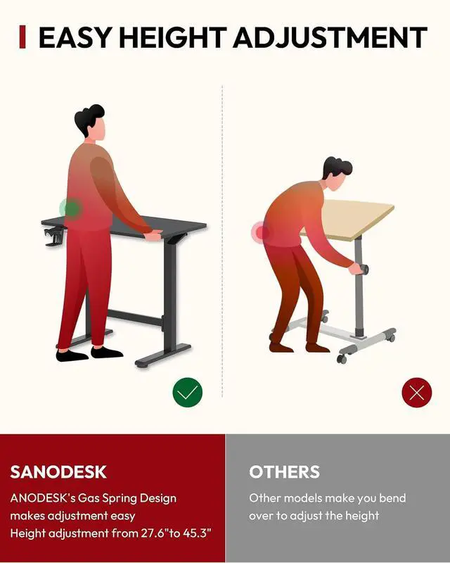 Alt view image 4 of 7 - Mobile Workstation Standing Desk with Gas-Spring Lift, Rolling Desk Adjustable Height, One-Piece Desktop Workstation with WheelsWalking Pad & Treadmill Compatible, Portable Home Office Desk
