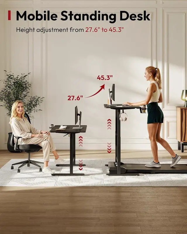 Alt view image 3 of 7 - Mobile Workstation Standing Desk with Gas-Spring Lift, Rolling Desk Adjustable Height, One-Piece Desktop Workstation with WheelsWalking Pad & Treadmill Compatible, Portable Home Office Desk