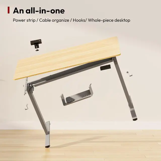 Alt view image 7 of 7 - Electric Standing Desk with Desk Clamp Power Strip 55"x 28" Whole-Piece Desktop Height Adjustable Stand Up with Cable Management Sit Stand Home Office Desk Silver Frame/Maple Top