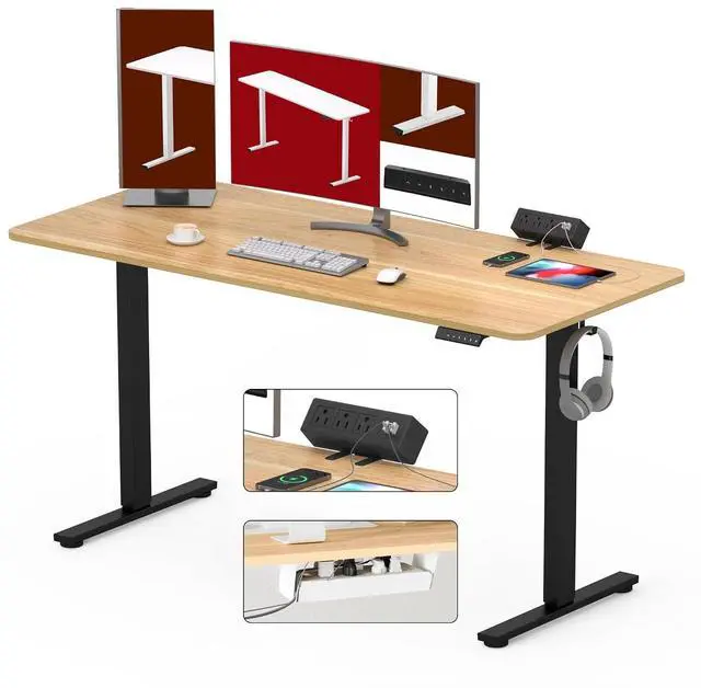 Main image of Electric Standing Desk with Desk Clamp Power Strip 60"x 24" Whole-Piece Desktop Height Adjustable Stand Up with Cable Management Sit Stand Home Office Black Frame/Maple Top