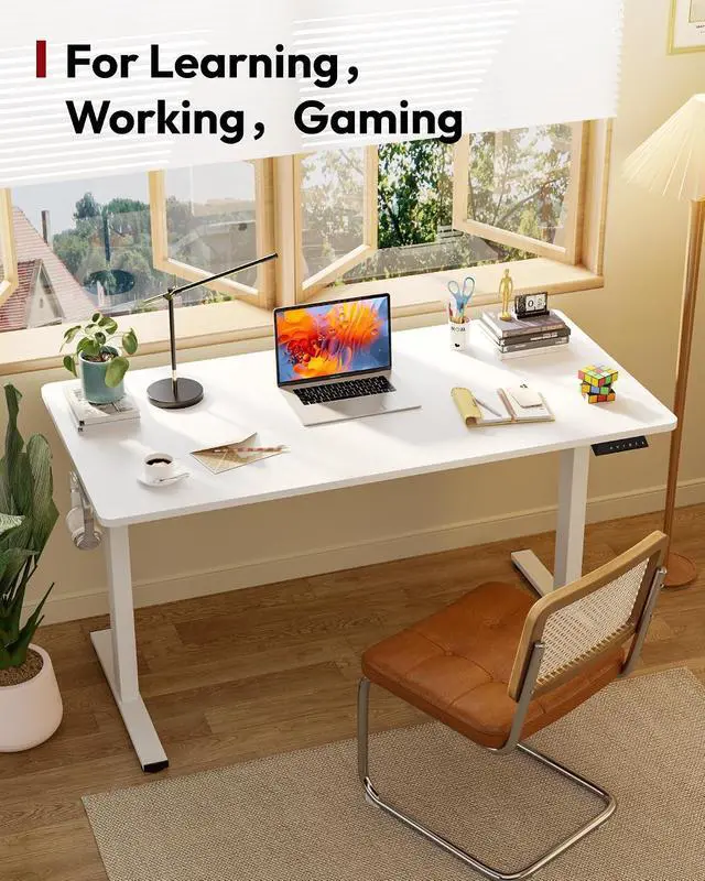 Alt view image 3 of 7 - Electric Standing Desk 60 x 24 Inches Whole-Piece Desktop Height Adjustable Stand Up Desk w/6-Button Controller Ergonomic Computer Desk for Home Office, White Frame + White Tabletop