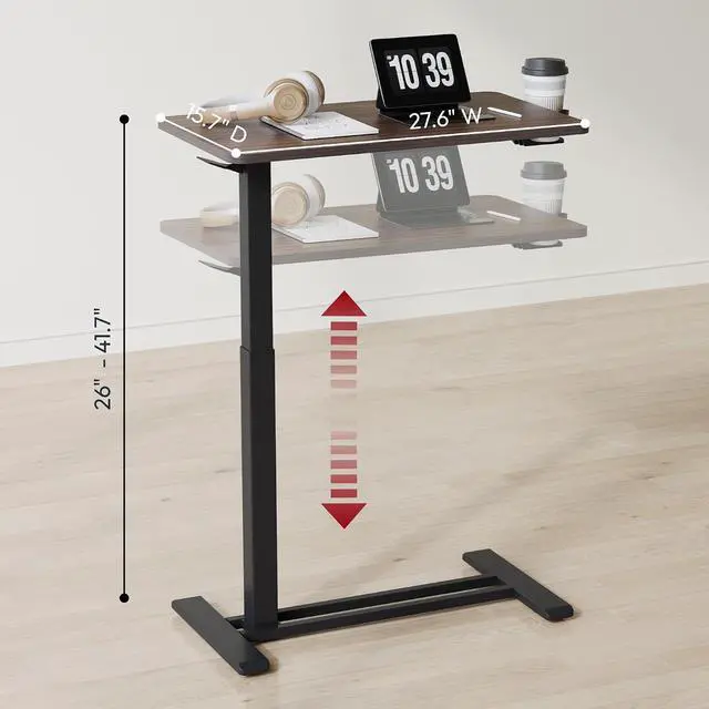 Alt view image 2 of 7 - Mobile Standing Desk with Hidden Wheels,Pneumatic Laptop Desk Rolling Computer Cart Movable Height Adjustable Small Sit Stand Desk for Home Office(27.6" W x 15.7" D, Maple)