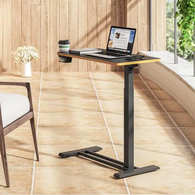 Alt view image 6 of 7 - Mobile Standing Desk with Hidden Wheels,Pneumatic Laptop Desk Rolling Computer Cart Movable Height Adjustable Small Sit Stand Desk for Home Office(27.6" W x 15.7" D, Black+Maple Band)