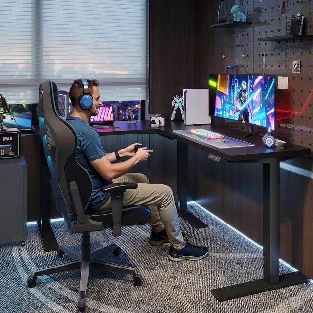 Alt view image 4 of 7 - L Shaped Electric Standing Desk with Drawer, 71 Inch Ergonomic Adjustable Height Desk with Storage, Corner Desk Sit Stand up Computer Table for Work Office Home, Black