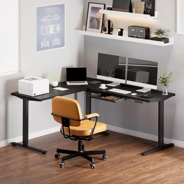 Alt view image 2 of 7 - L Shaped Electric Standing Desk with Drawer, 71 Inch Ergonomic Adjustable Height Desk with Storage, Corner Desk Sit Stand up Computer Table for Work Office Home, Black