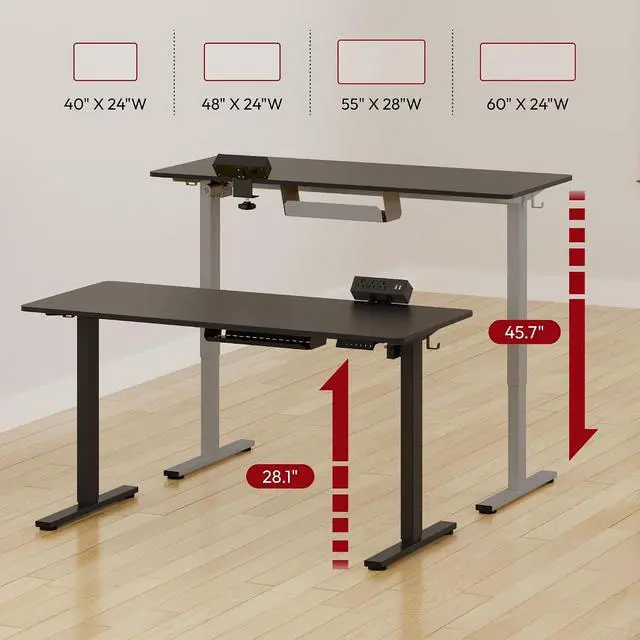 Alt view image 2 of 7 - Electric Standing Desk with Desk Clamp Power Strip 48"x 30" Whole-Piece Desktop Height Adjustable Stand Up Desk with Cable Management Sit Stand Home Office Desk Silver Frame/Black Top