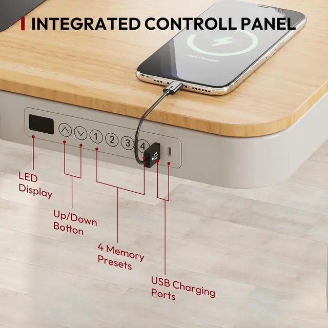 Alt view image 5 of 7 - Standing Desk with Drawer, Electric Height Adjustable Home Office Desk with Storage & USB Ports, 48 inch Maple Wood Tabletop/White Frame