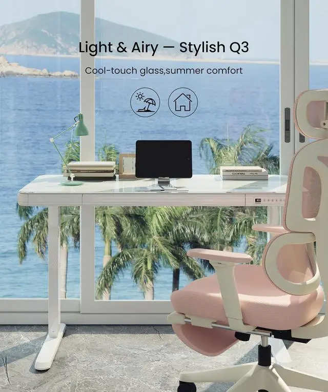 Alt view image 3 of 7 - Standing Desk with Drawer, Electric Height Adjustable Home Office Desk with Storage & USB Ports, 48 inch Tempered Glass Tabletop/White Frame