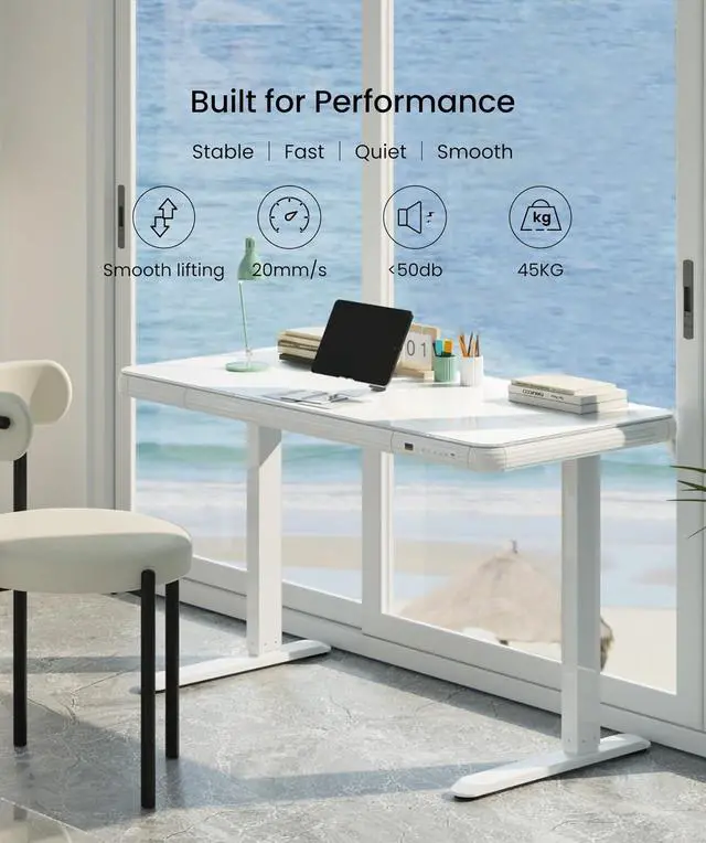 Alt view image 7 of 7 - Standing Desk with Drawer, Electric Height Adjustable Home Office Desk with Storage & USB Ports, 48 inch Tempered Glass Tabletop/White Frame