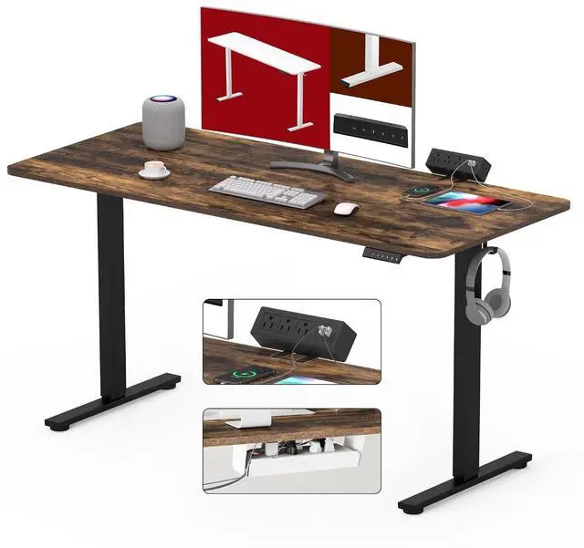 Main image of Electric Standing Desk with Desk Clamp Power Strip 48"x 24" Whole-Piece Desktop Height Adjustable Stand Up Desk with Cable Management Sit Stand Home Office Desk Black Frame/Rustic Brown Top