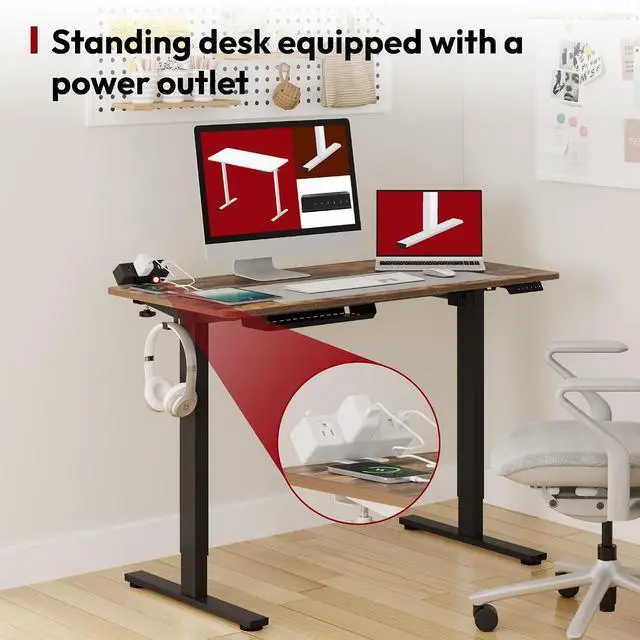 Alt view image 7 of 7 - Electric Standing Desk with Desk Clamp Power Strip 48"x 24" Whole-Piece Desktop Height Adjustable Stand Up Desk with Cable Management Sit Stand Home Office Desk Black Frame/Rustic Brown Top