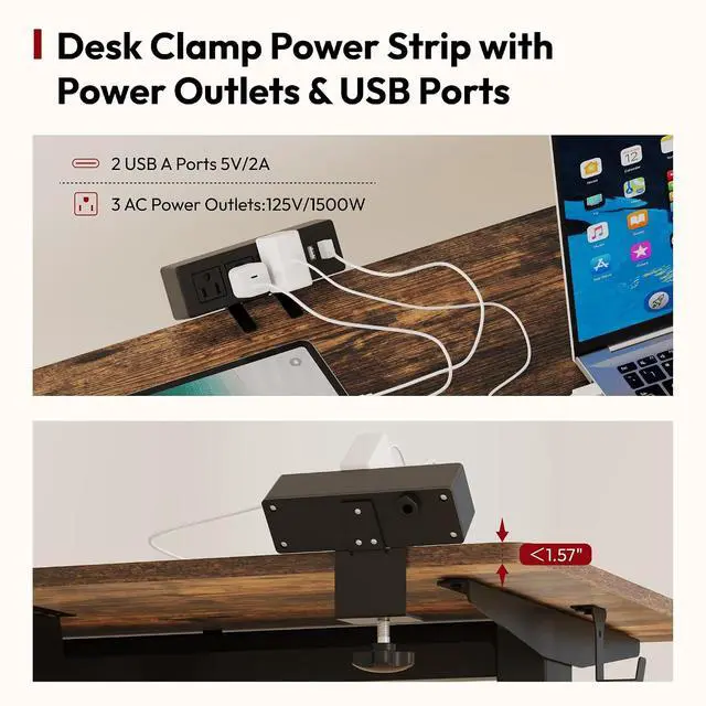 Alt view image 3 of 7 - Electric Standing Desk with Desk Clamp Power Strip 48"x 24" Whole-Piece Desktop Height Adjustable Stand Up Desk with Cable Management Sit Stand Home Office Desk Black Frame/Rustic Brown Top