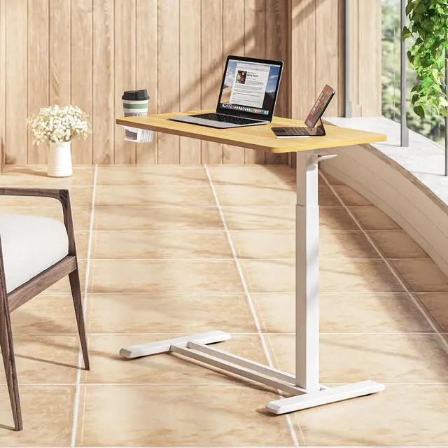 Alt view image 6 of 7 - Mobile Standing Desk with Hidden Wheels,Pneumatic Laptop Desk Rolling Computer Cart Movable Height Adjustable Small Sit Stand Desk for Home Office(31.5" W x 17.7" D,Maple)
