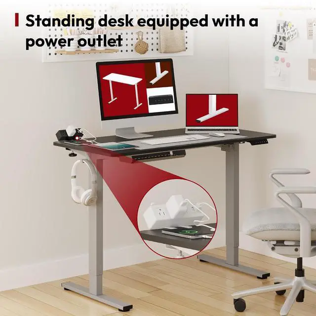 Alt view image 6 of 7 - Electric Standing Desk with Desk Clamp Power Strip 48"x 30" Whole-Piece Desktop Height Adjustable Stand Up Desk with Cable Management Sit Stand Home Office Desk Silver Frame/Black Top