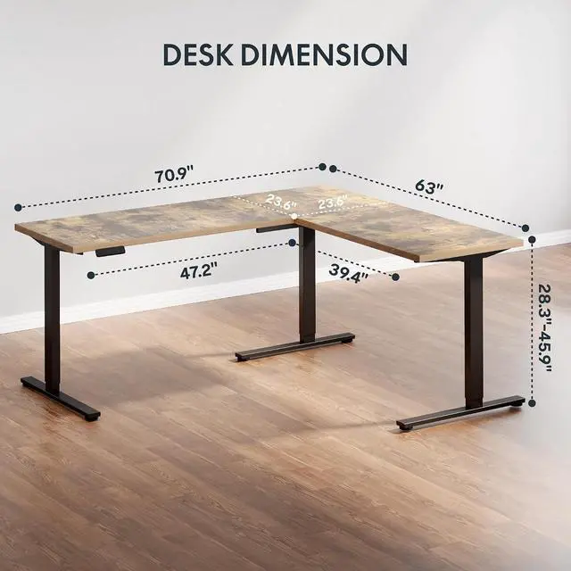 Alt view image 3 of 7 - L Shaped Electric Standing Desk with Drawer, 71 Inch Ergonomic Adjustable Height Desk with Storage, Corner Desk Sit Stand up Computer Table for Work Office Home, Rustic Brown
