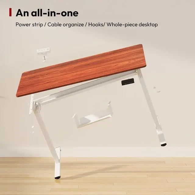 Alt view image 7 of 7 - Electric Standing Desk 55"x 28" with Clamp Power Strip - Height Adjustable Whole-Piece Desktop, Cable Management, Sit Stand Home Office - White Frame/Mahogany Top