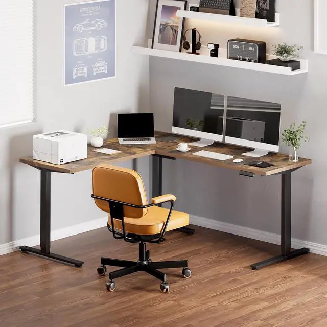 Alt view image 4 of 7 - L Shaped Standing Desk Adjustable Height, Electric Corner Standing Desk, 71 x 63 inch Sit Stand Computer Table with Splice Board, Rustic Brown