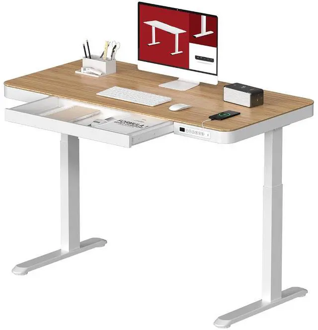 Main image of Electric Standing Desk with Drawer, Desktop & Adjustable Frame with USB Charge Ports (Bamboo-Look Laminate/White, Wood)