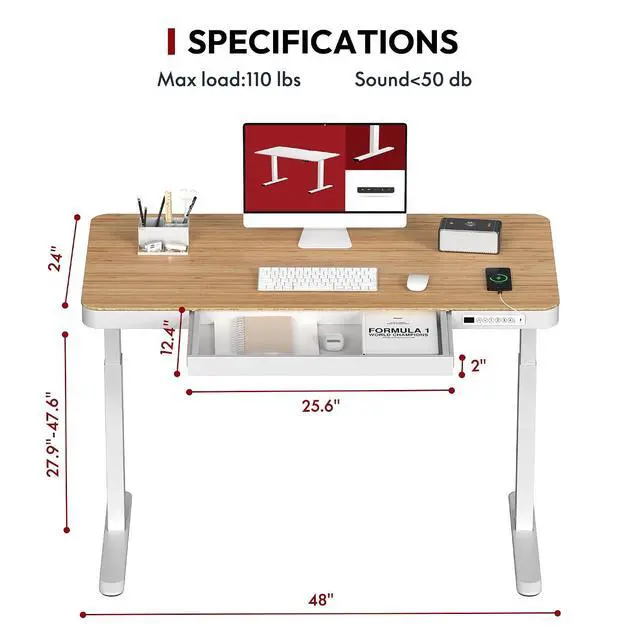 Alt view image 3 of 6 - Electric Standing Desk with Drawer, Desktop & Adjustable Frame with USB Charge Ports (Bamboo-Look Laminate/White, Wood)