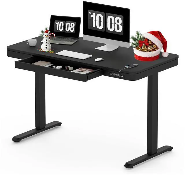 Main image of Standing Desk with Drawer, Electric Height Adjustable Home Office Desk with Storage & USB Ports, 48 inch Black Wood Tabletop/White Frame