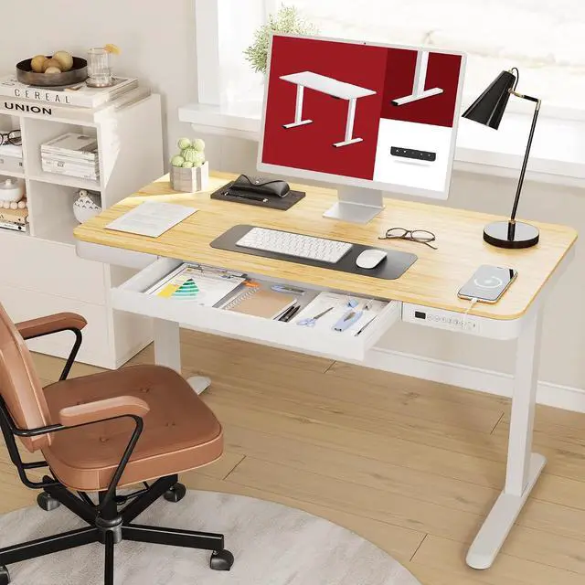 Alt view image 2 of 6 - Electric Standing Desk with Drawer, Desktop & Adjustable Frame with USB Charge Ports (Bamboo-Look Laminate/White, Wood)