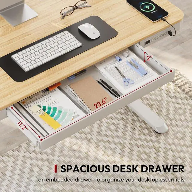 Alt view image 4 of 6 - Electric Standing Desk with Drawer, Desktop & Adjustable Frame with USB Charge Ports (Bamboo-Look Laminate/White, Wood)