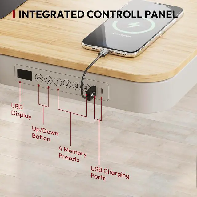 Alt view image 5 of 6 - Electric Standing Desk with Drawer, Desktop & Adjustable Frame with USB Charge Ports (Bamboo-Look Laminate/White, Wood)