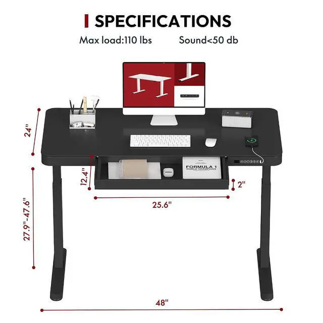 Alt view image 3 of 7 - Standing Desk with Drawer, Electric Height Adjustable Home Office Desk with Storage & USB Ports, 48 inch Black Wood Tabletop/White Frame