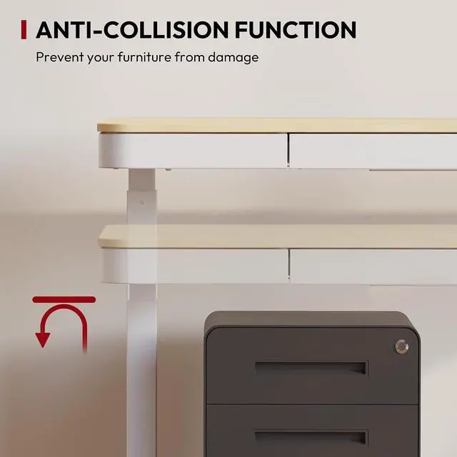Alt view image 6 of 6 - Electric Standing Desk with Drawer, Desktop & Adjustable Frame with USB Charge Ports (Bamboo-Look Laminate/White, Wood)
