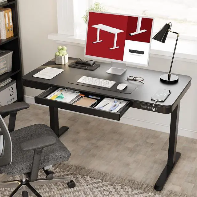 Alt view image 2 of 7 - Standing Desk with Drawer, Electric Height Adjustable Home Office Desk with Storage & USB Ports, 48 inch Black Wood Tabletop/White Frame