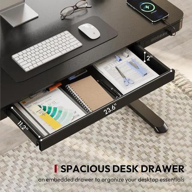 Alt view image 4 of 7 - Standing Desk with Drawer, Electric Height Adjustable Home Office Desk with Storage & USB Ports, 48 inch Black Wood Tabletop/White Frame