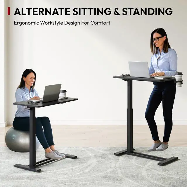 Alt view image 5 of 7 - Mobile Standing Desk with Hidden Wheels,Pneumatic Laptop Desk Rolling Computer Cart Movable Height Adjustable Small Sit Stand Desk for Home Office(27.6" W x 15.7" D, Black)