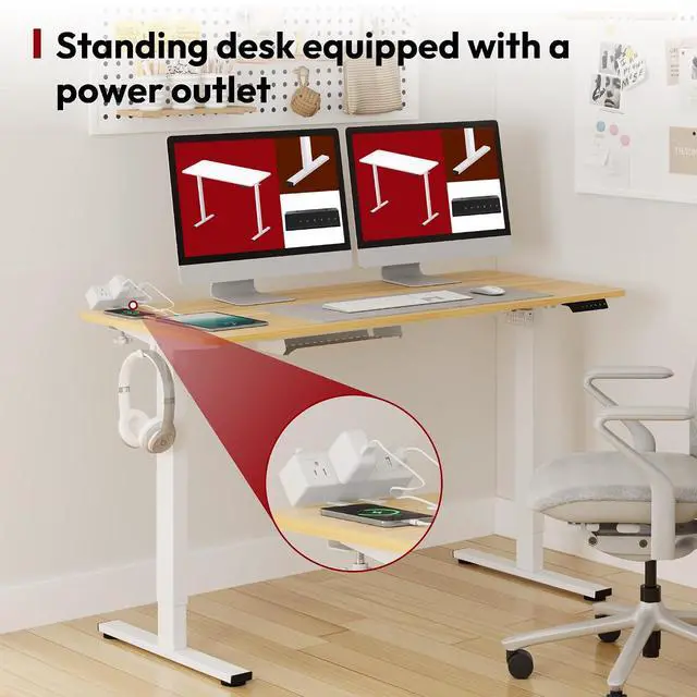 Alt view image 4 of 7 - Electric Standing Desk with Desk Clamp Power Strip 55"x 28" Whole-Piece Desktop Height Adjustable Stand Up with Cable Management Sit Stand Home Office Desk White Frame/Maple Top