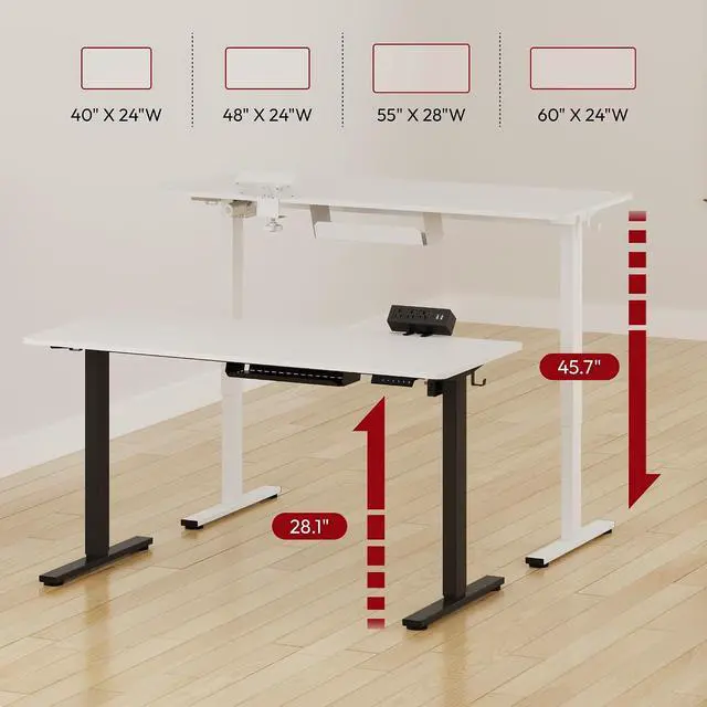 Alt view image 2 of 7 - Electric Standing Desk with Desk Clamp Power Strip 48"x 24" Whole-Piece Desktop Height Adjustable Stand Up with Cable Management Sit Stand Home Office Desk Black Frame/White Top