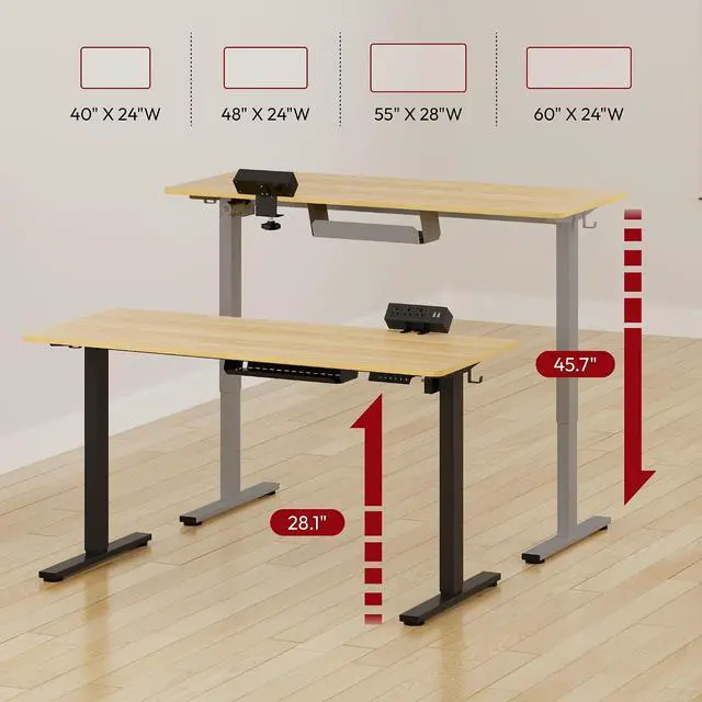 Alt view image 2 of 7 - Electric Standing Desk with Desk Clamp Power Strip 48"x 30" Whole-Piece Desktop Height Adjustable Stand Up Desk with Cable Management Sit Stand Home Office Desk Silver Frame/Maple Top